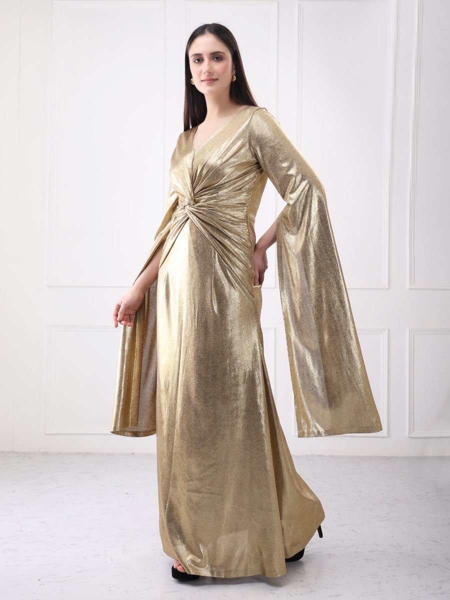 Gaiia Shimmery Lycra Twisted Knot Maxi Dress With Flared Sleeves - GAIIA