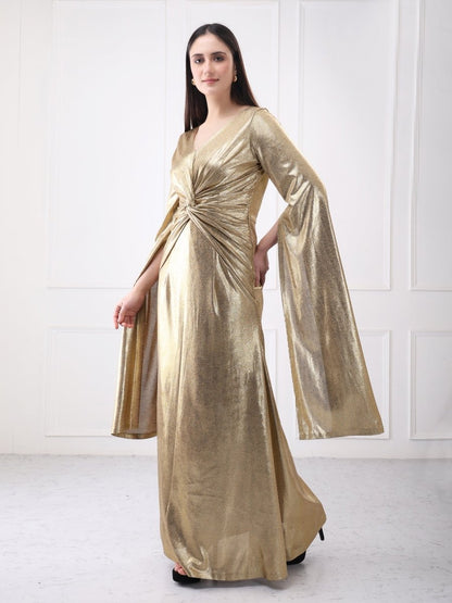 Gaiia Shimmery Lycra Twisted Knot Maxi Dress With Flared Sleeves - GAIIA