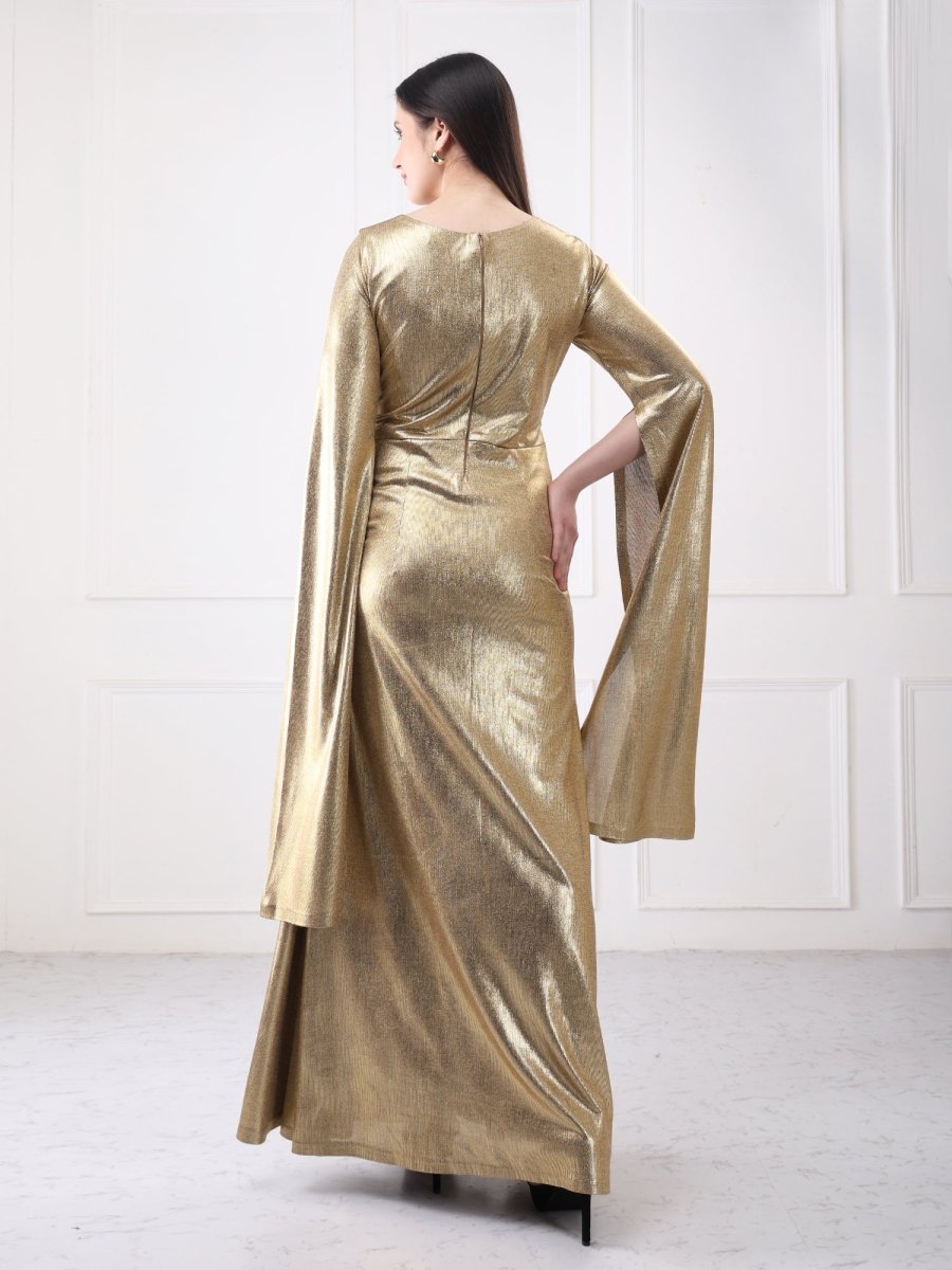 Gaiia Shimmery Lycra Twisted Knot Maxi Dress With Flared Sleeves - GAIIA