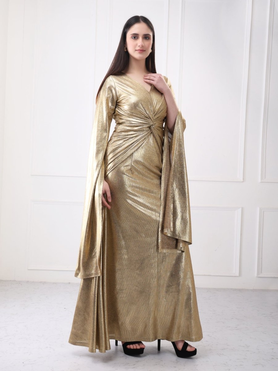 Gaiia Shimmery Lycra Twisted Knot Maxi Dress With Flared Sleeves - GAIIA