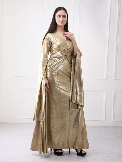 Gaiia Shimmery Lycra Twisted Knot Maxi Dress With Flared Sleeves - GAIIA