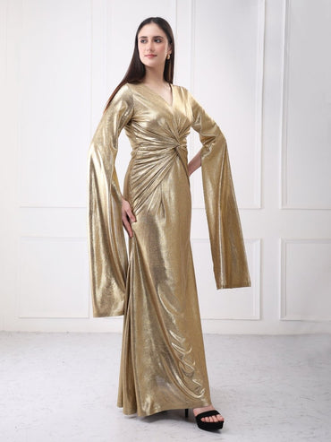 Gaiia Shimmery Lycra Twisted Knot Maxi Dress With Flared Sleeves - GAIIA
