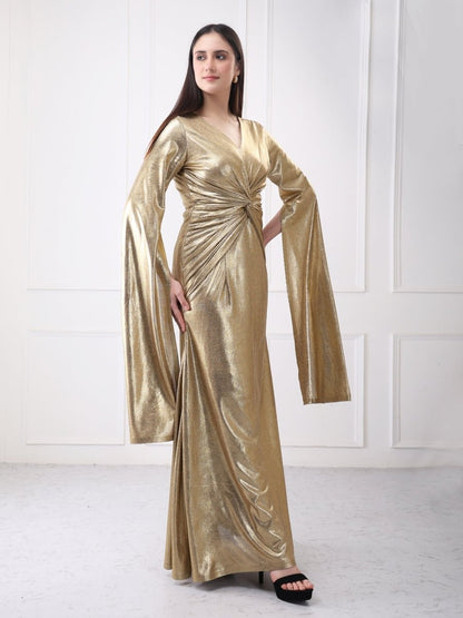 Gaiia Shimmery Lycra Twisted Knot Maxi Dress With Flared Sleeves - GAIIA