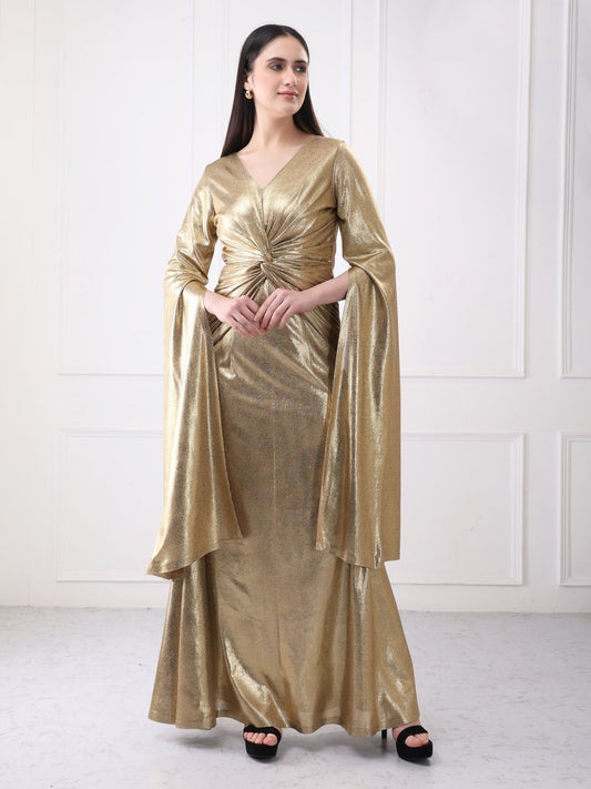 Gaiia Shimmery Lycra Twisted Knot Maxi Dress With Flared Sleeves - GAIIA