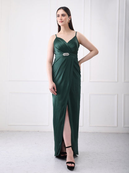 Gaiia Strappy Satin Partywear Long Slit Maxi Dress - GAIIA