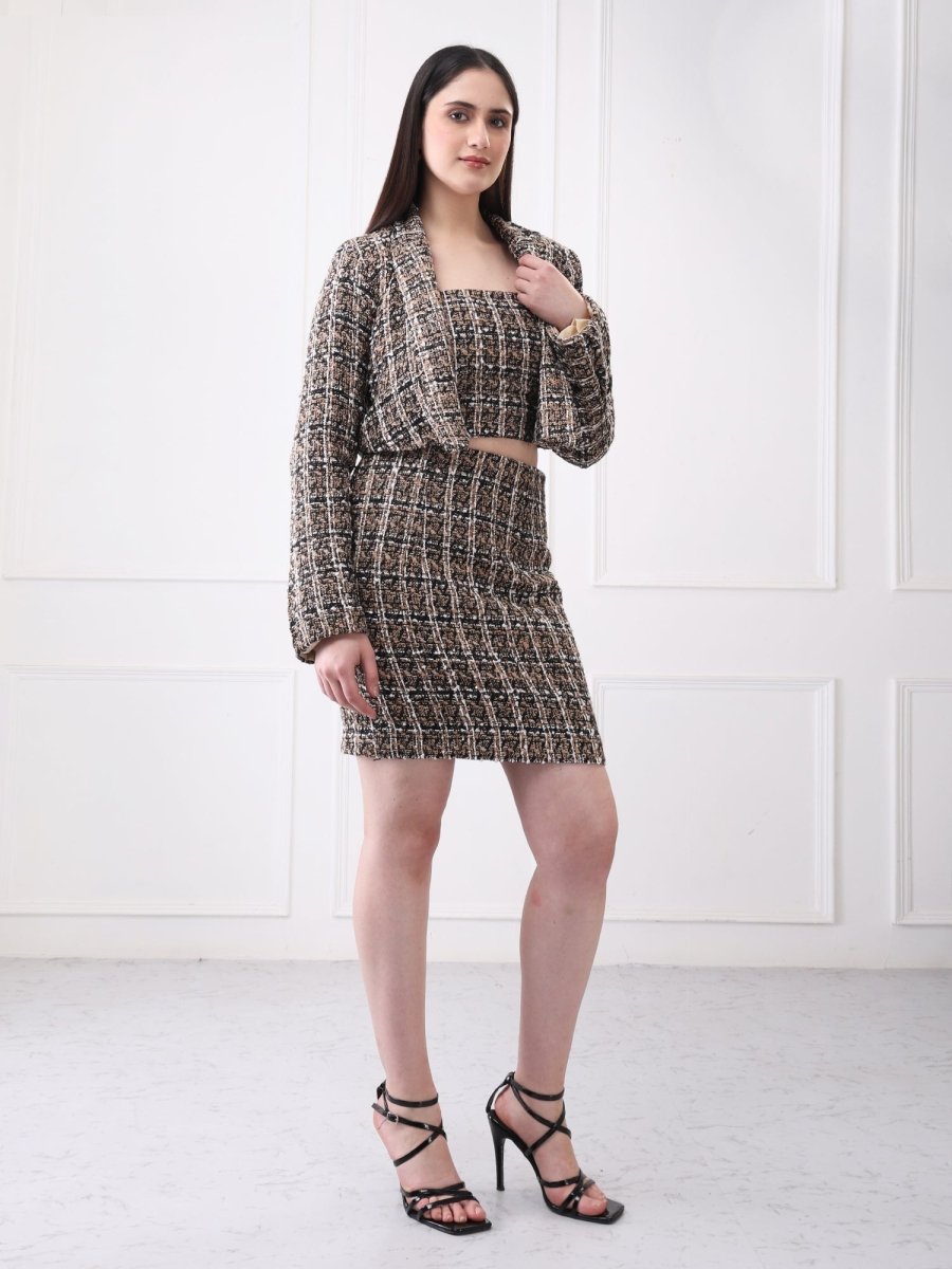 Gaiia Tweed Beige Mini Skirt With Bustier Co - Ord Set - GAIIA