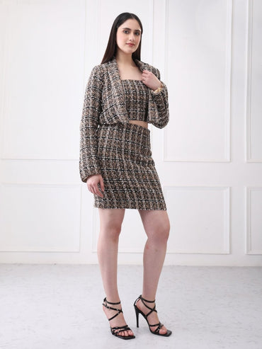 Gaiia Tweed Beige Mini Skirt With Bustier Co - Ord Set - GAIIA