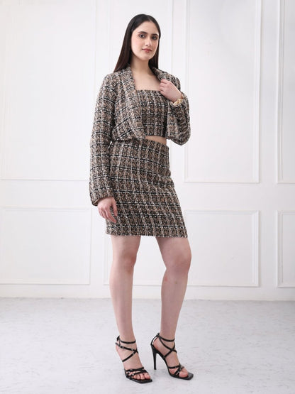 Gaiia Tweed Beige Mini Skirt With Bustier Co - Ord Set - GAIIA