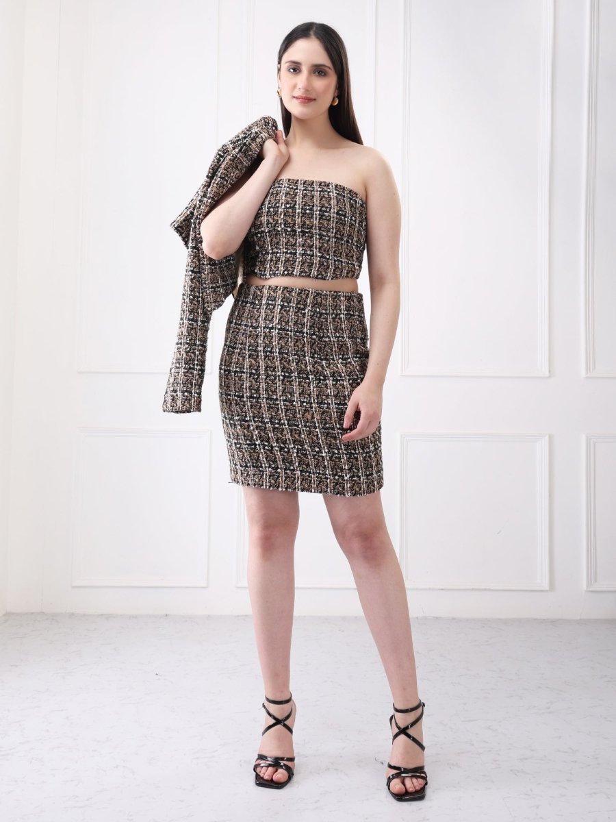 Gaiia Tweed Beige Mini Skirt With Bustier Co - Ord Set - GAIIA