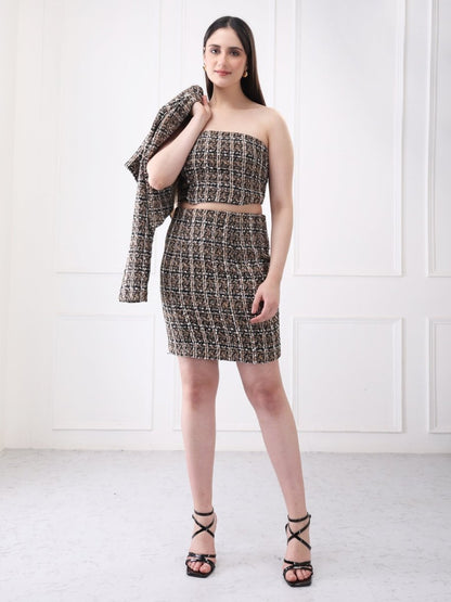 Gaiia Tweed Beige Mini Skirt With Bustier Co - Ord Set - GAIIA