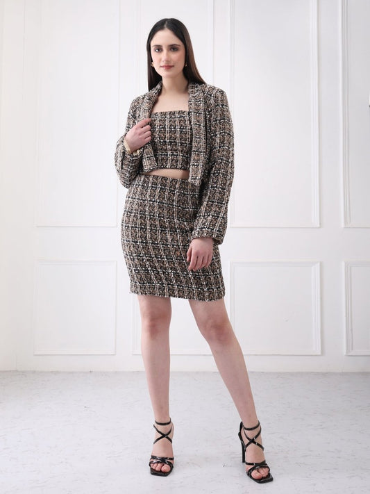 Gaiia Tweed Beige Mini Skirt With Bustier Co - Ord Set - GAIIA