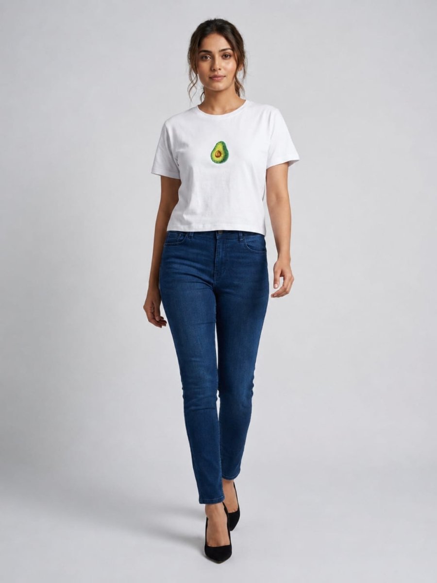 Women White With Green Avocado Motif Cotton Crop Top - GAIIA