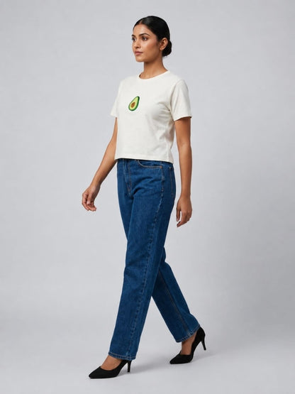 Women White With Green Avocado Motif Cotton Crop Top - GAIIA