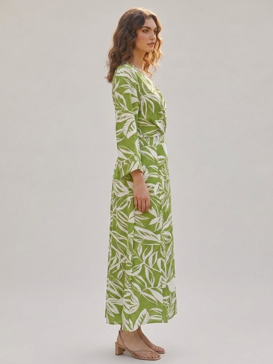 Green Floral Printed Satin Maxi Dress - GAIIA