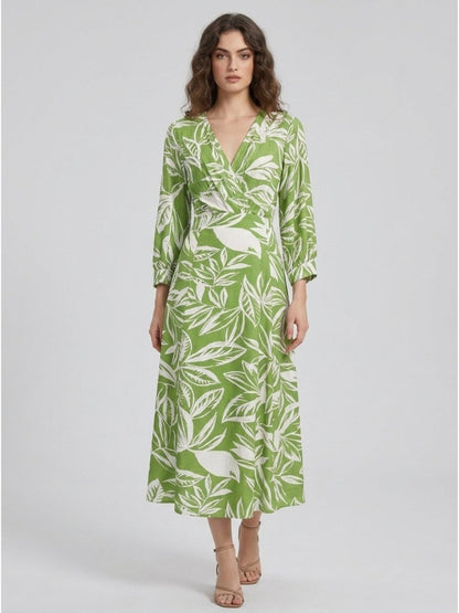 Green Floral Printed Satin Maxi Dress - GAIIA