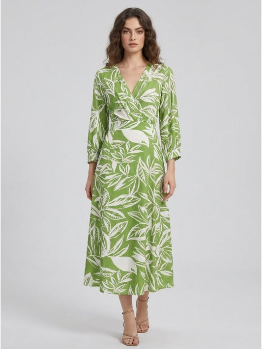 Green Floral Printed Satin Maxi Dress - GAIIA
