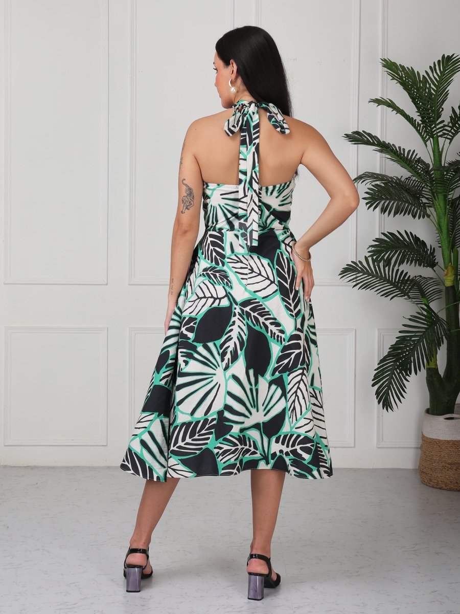 Green Printed Halter Neck Midi Dress - GAIIA