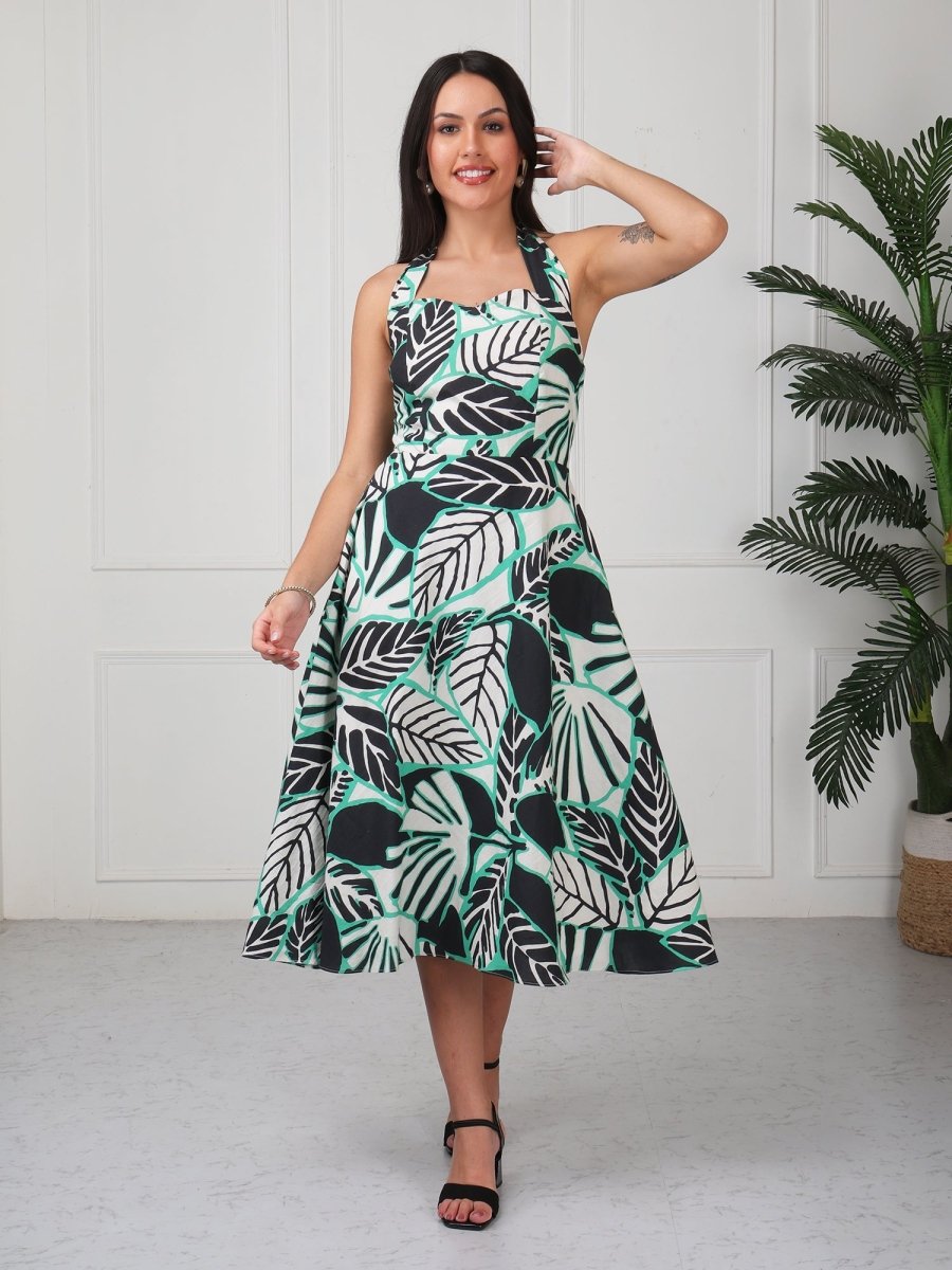 Green Printed Halter Neck Midi Dress - GAIIA