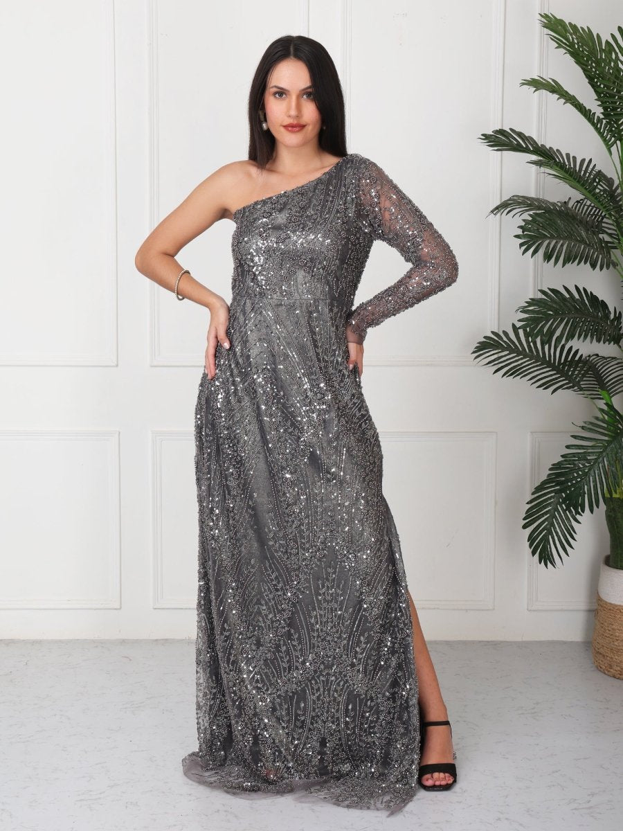 Grey Embellished One Shoulder Maxi Dress - GAIIA