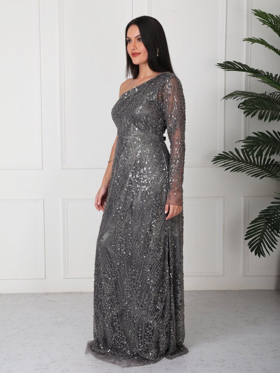 Grey Embellished One Shoulder Maxi Dress - GAIIA