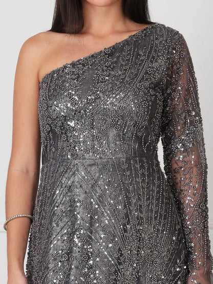 Grey Embellished One Shoulder Maxi Dress - GAIIA