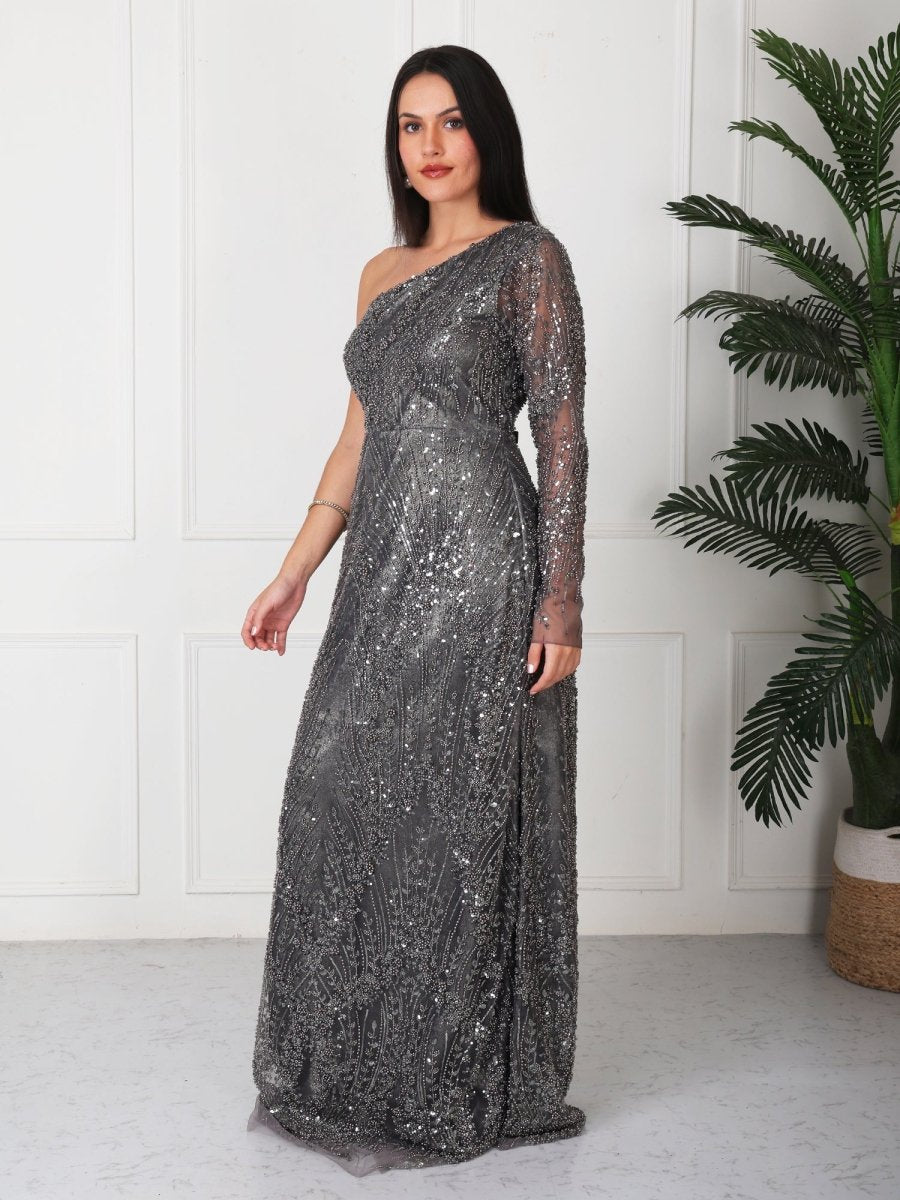 Grey Embellished One Shoulder Maxi Dress - GAIIA