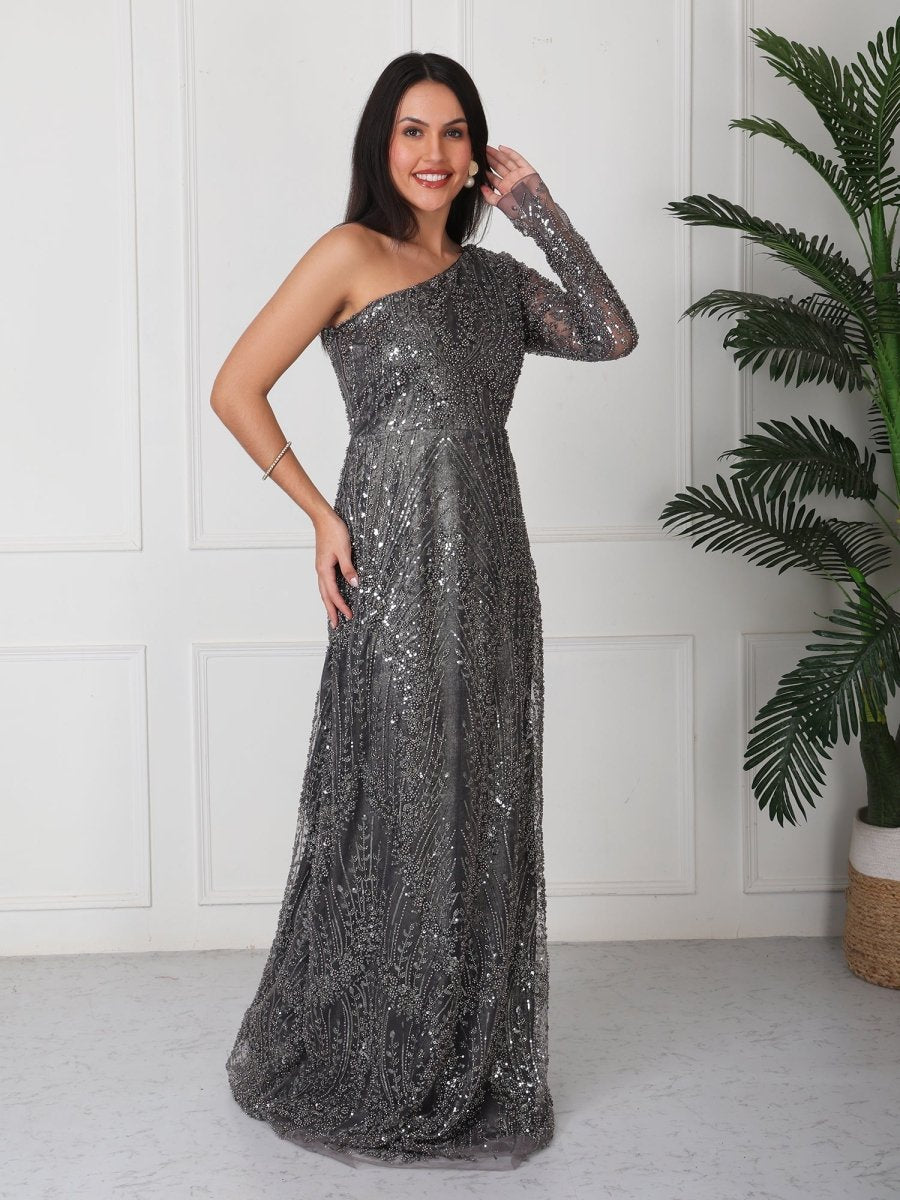 Grey Embellished One Shoulder Maxi Dress - GAIIA