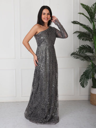Grey Embellished One Shoulder Maxi Dress - GAIIA