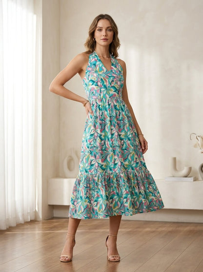 Halter neck Floral Printed Fit & Flare Dress - GAIIA