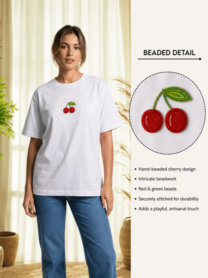 Hand Beaded Cherry Cotton T-shirt - GAIIA