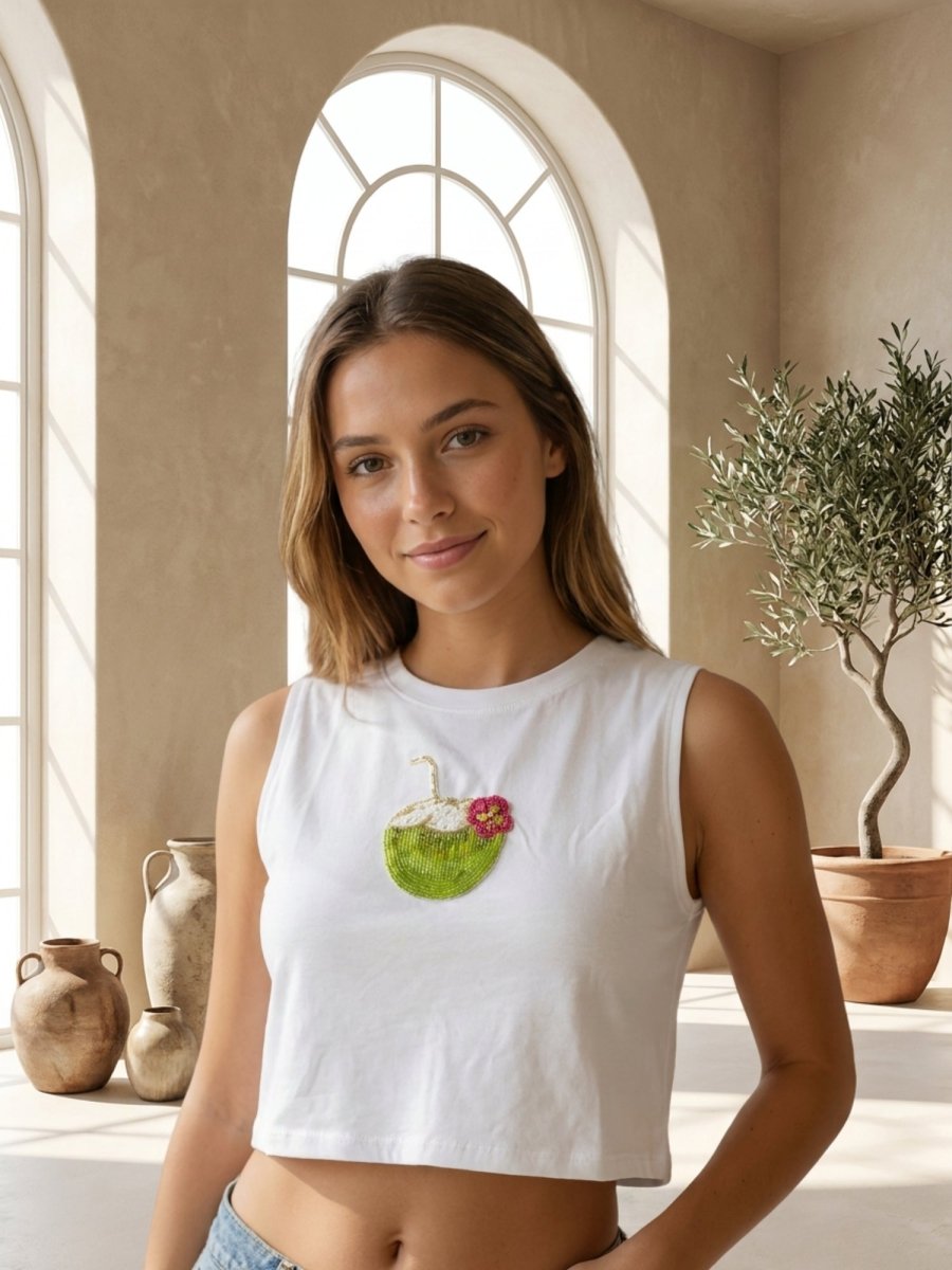 Hand Beaded Coconut Cotton Tank Top - GAIIA