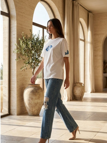 Hand Beaded Dolphin Cotton T-shirt - GAIIA