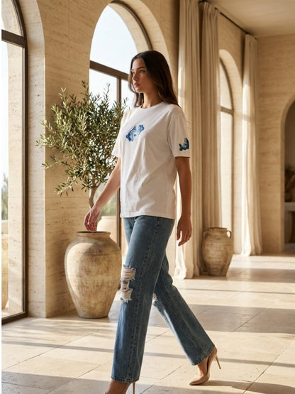 Hand Beaded Dolphin Cotton T-shirt - GAIIA