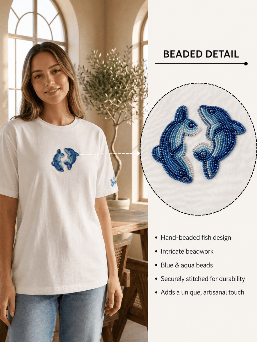 Hand Beaded Dolphin Cotton T-shirt - GAIIA