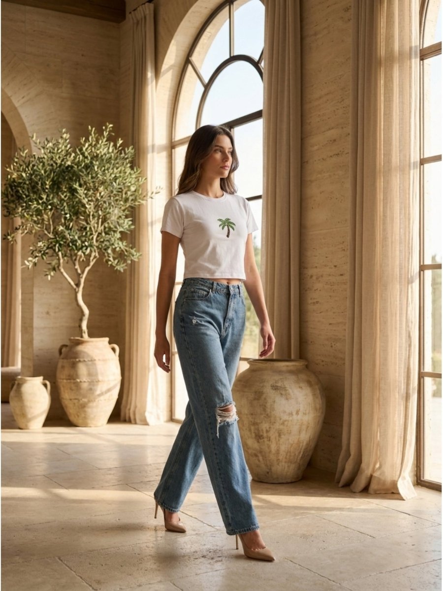 Hand Beaded Palm Tree Cotton Crop Top - GAIIA