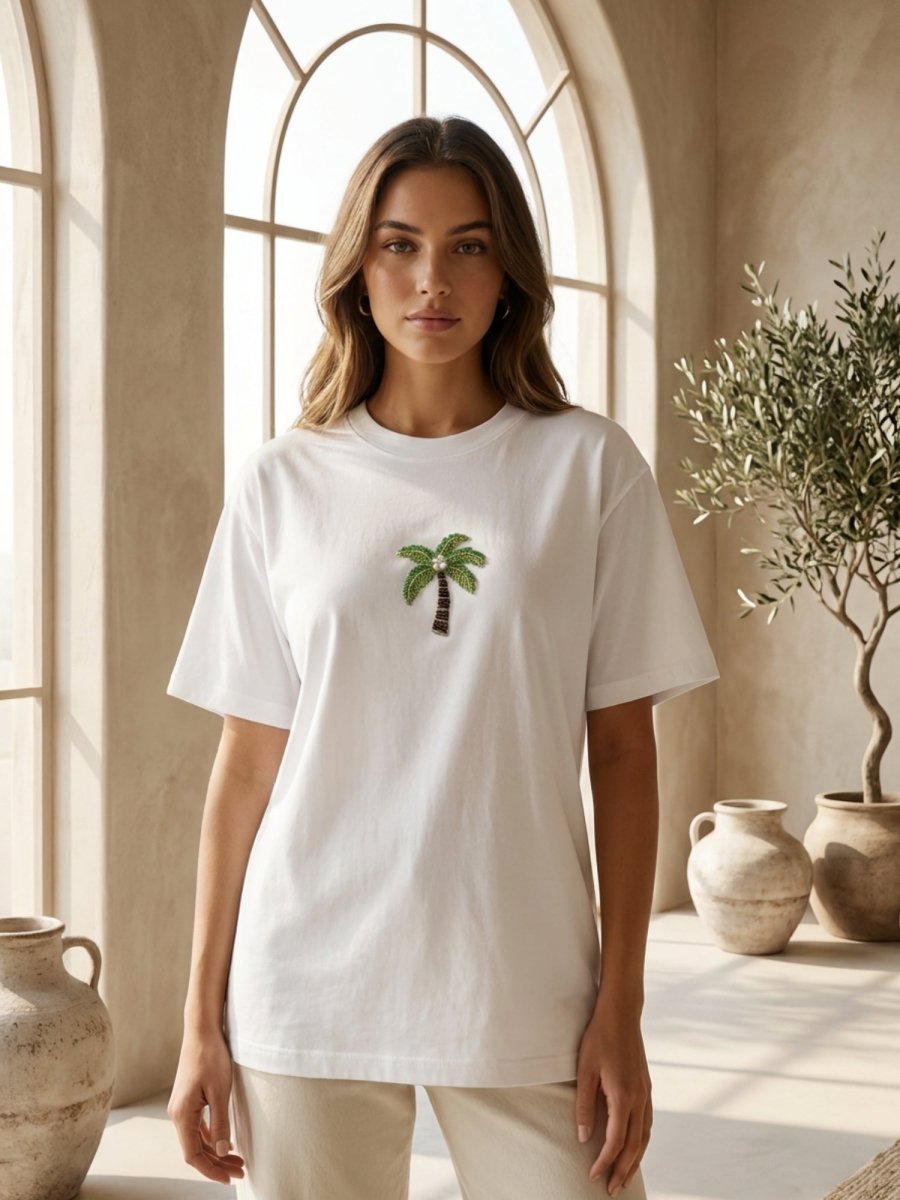 Hand Beaded Palm Tree Cotton T-shirt - GAIIA