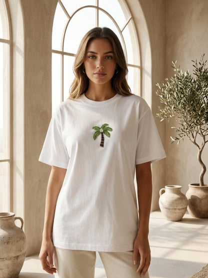 Hand Beaded Palm Tree Cotton T-shirt - GAIIA