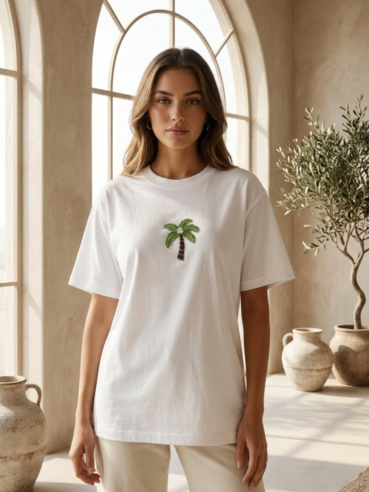 Hand Beaded Palm Tree Cotton T-shirt - GAIIA