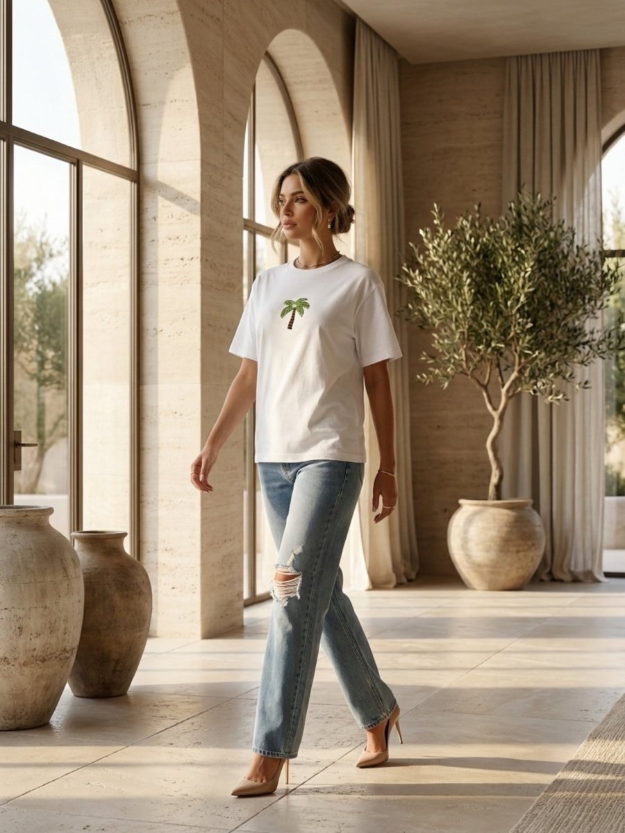 Hand Beaded Palm Tree Cotton T-shirt - GAIIA