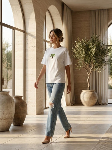 Hand Beaded Palm Tree Cotton T-shirt - GAIIA