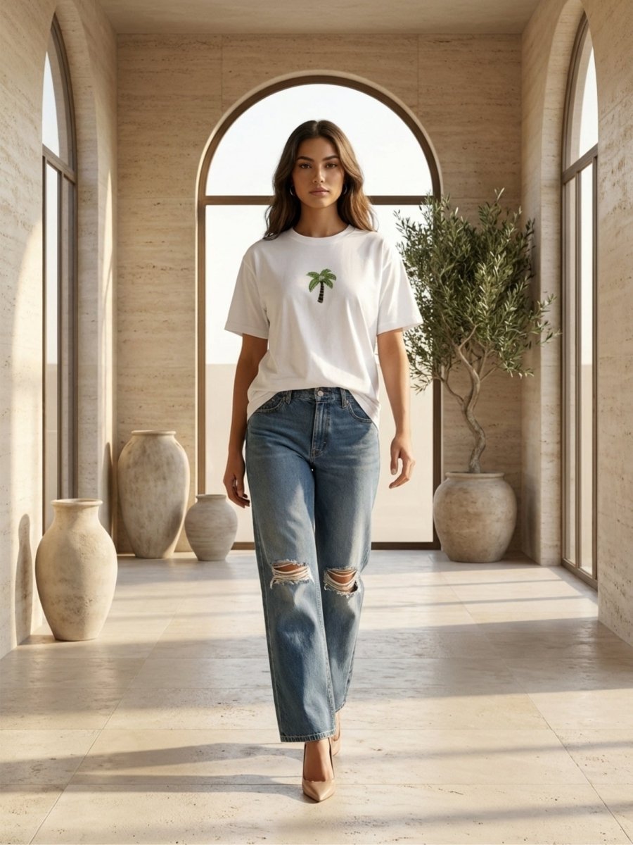 Hand Beaded Palm Tree Cotton T-shirt - GAIIA
