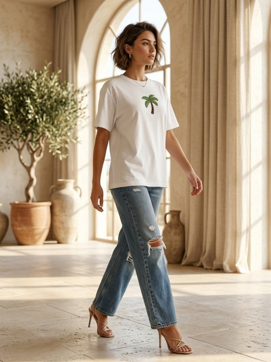 Hand Beaded Palm Tree Cotton T-shirt - GAIIA