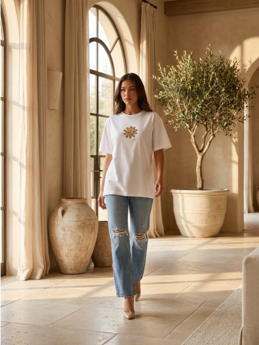Hand Beaded Sun Cotton T-shirt - GAIIA
