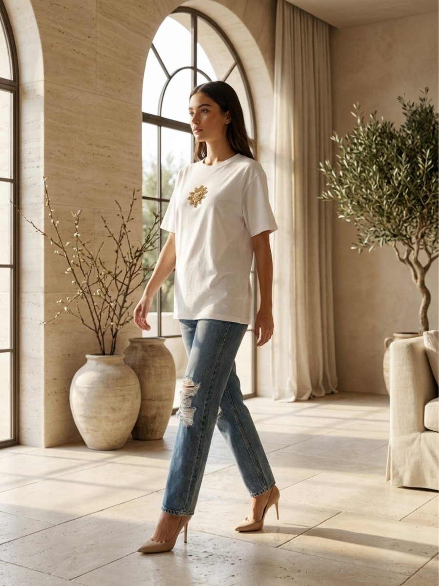 Hand Beaded Sun Cotton T-shirt - GAIIA
