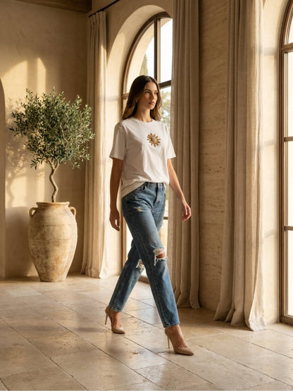 Hand Beaded Sun Cotton T-shirt - GAIIA