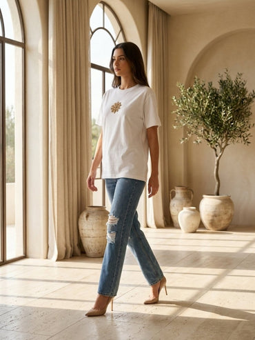 Hand Beaded Sun Cotton T-shirt - GAIIA