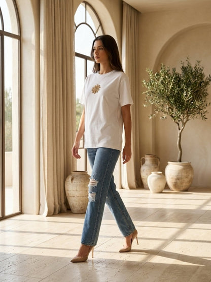 Hand Beaded Sun Cotton T-shirt - GAIIA