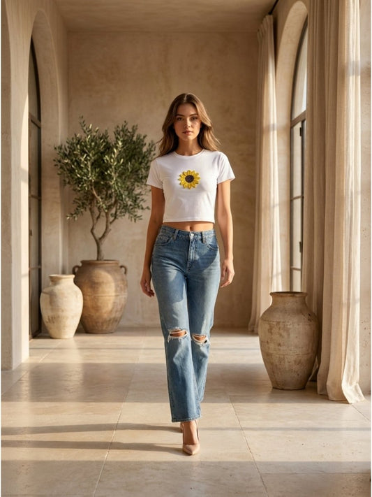 Hand Beaded Sunflower Cotton Crop Top - GAIIA