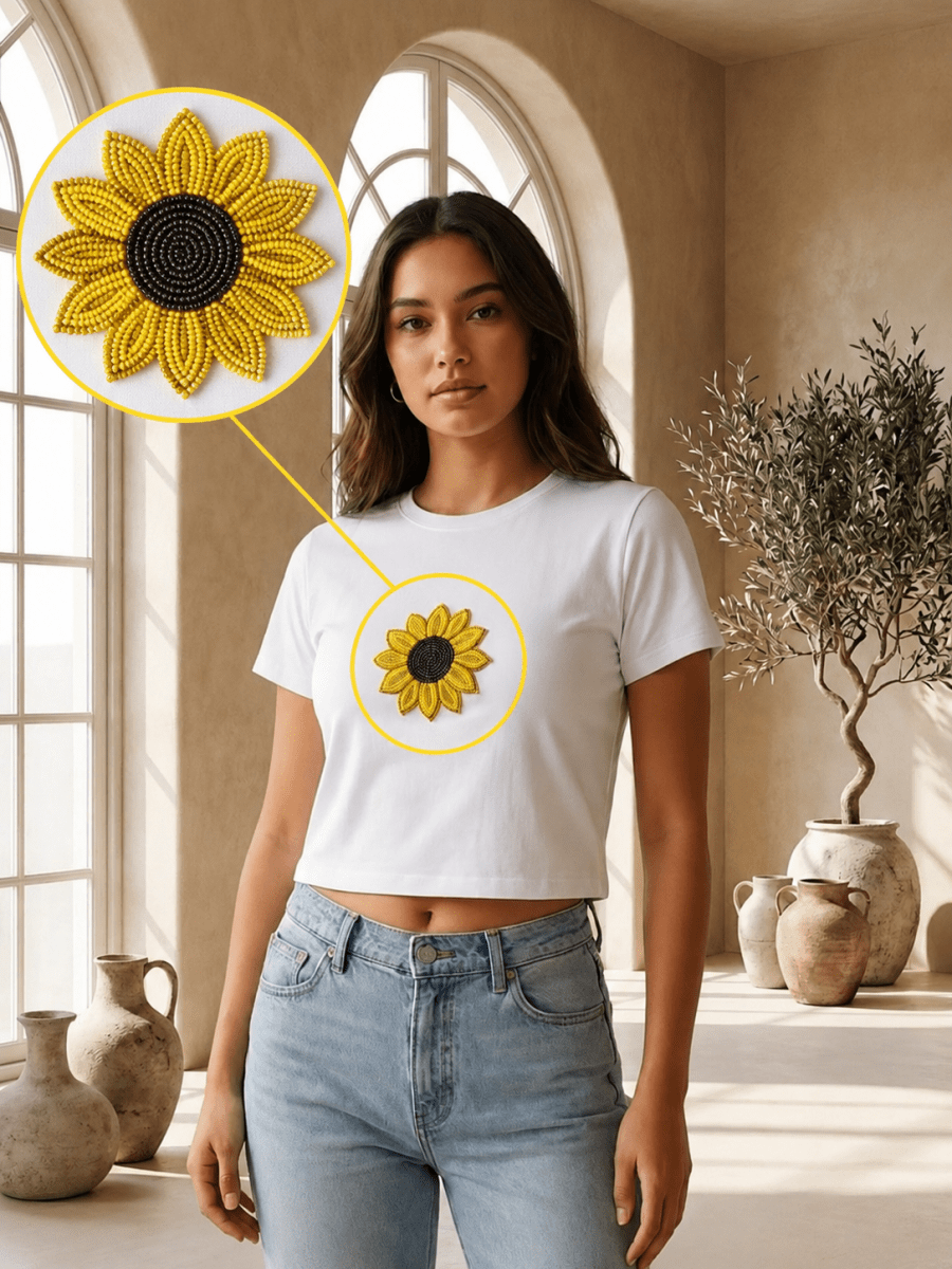 Hand Beaded Sunflower Cotton Crop Top - GAIIA