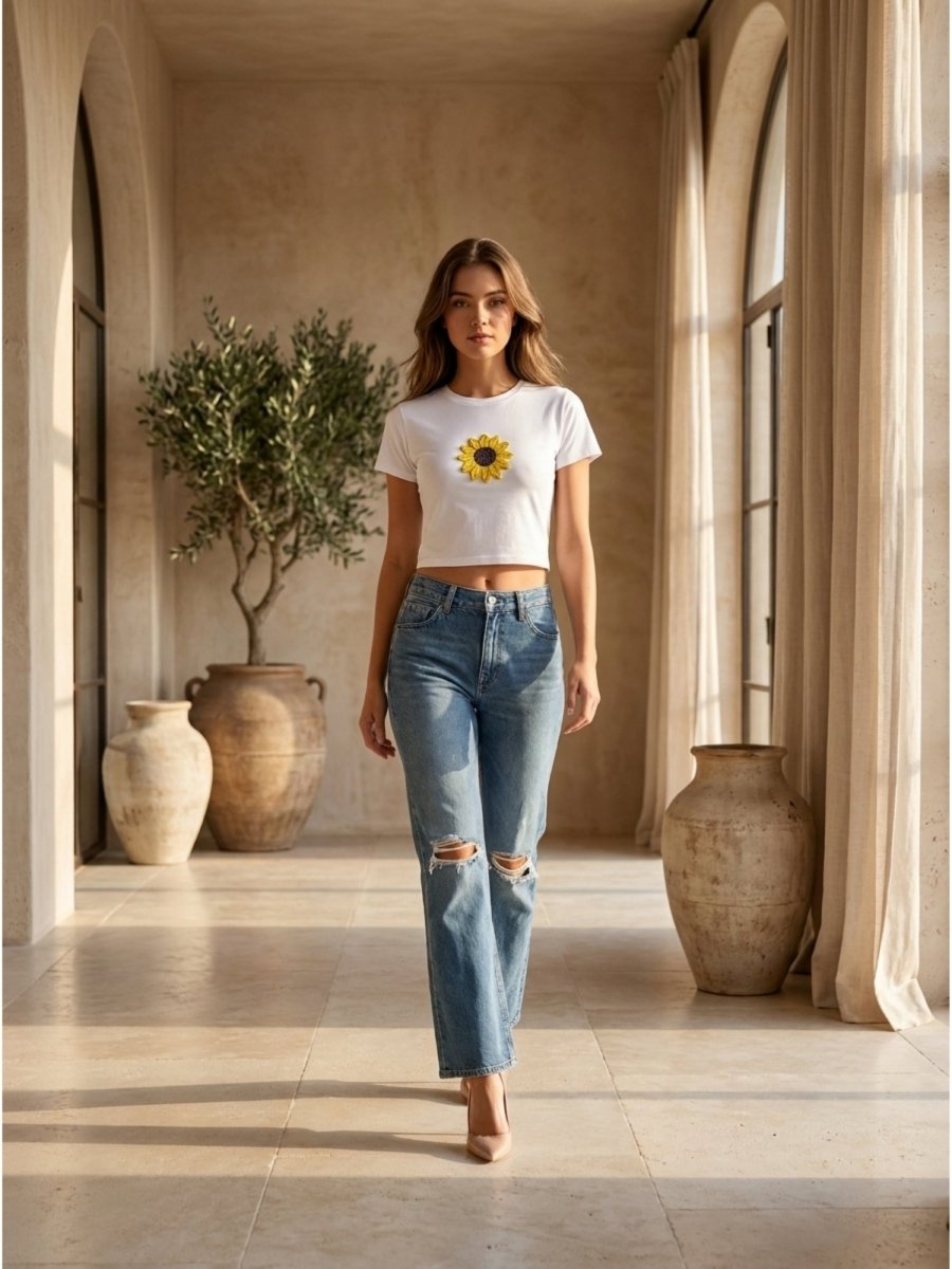 Hand Beaded Sunflower Cotton Crop Top - GAIIA